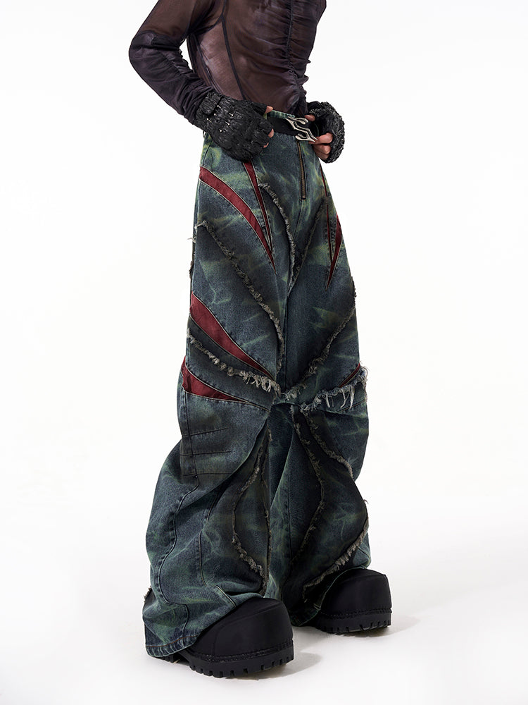 Distressed Wide-Leg Jeans with Leather Inlay Pattern