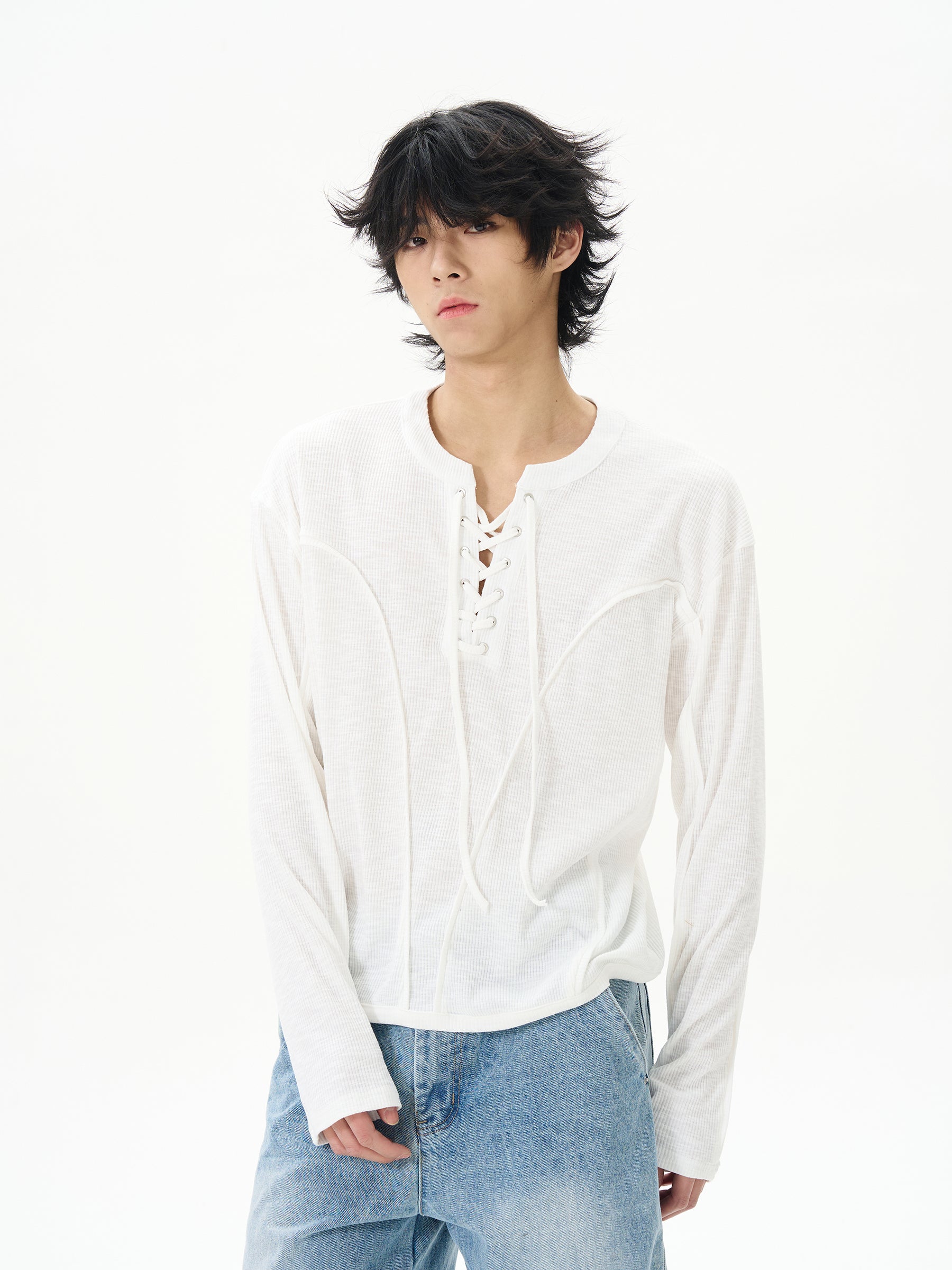 White Linen Lace-Up Henley Shirt