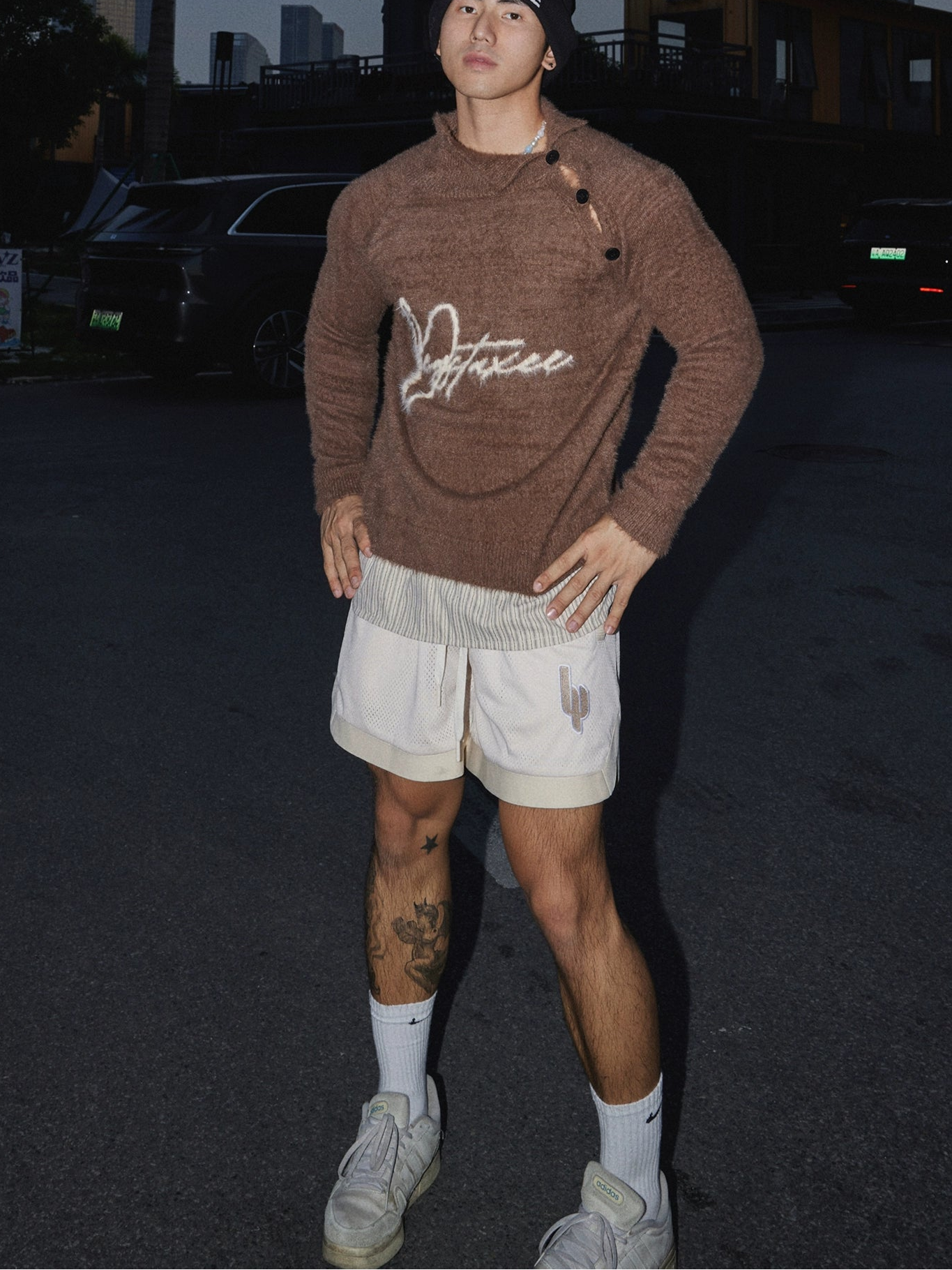 Frosted Script Asymmetrical Button Sweater