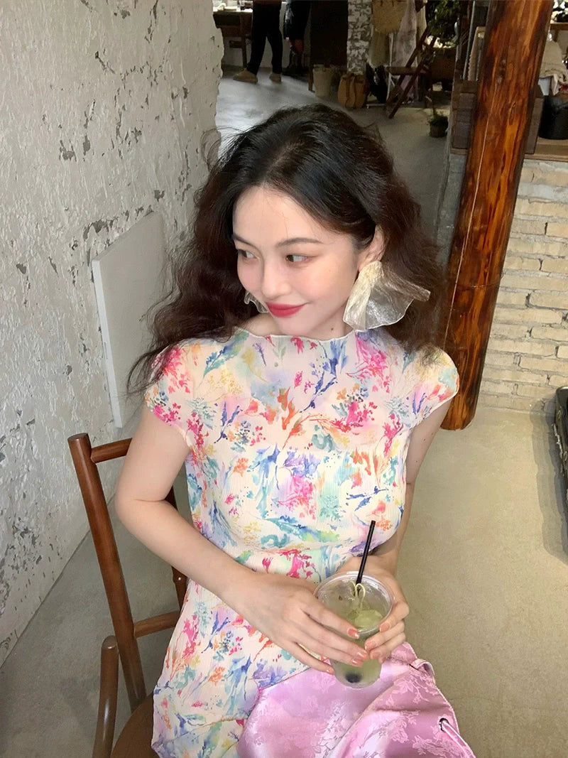 Pastel Watercolor Floral Cheongsam Maxi Dress