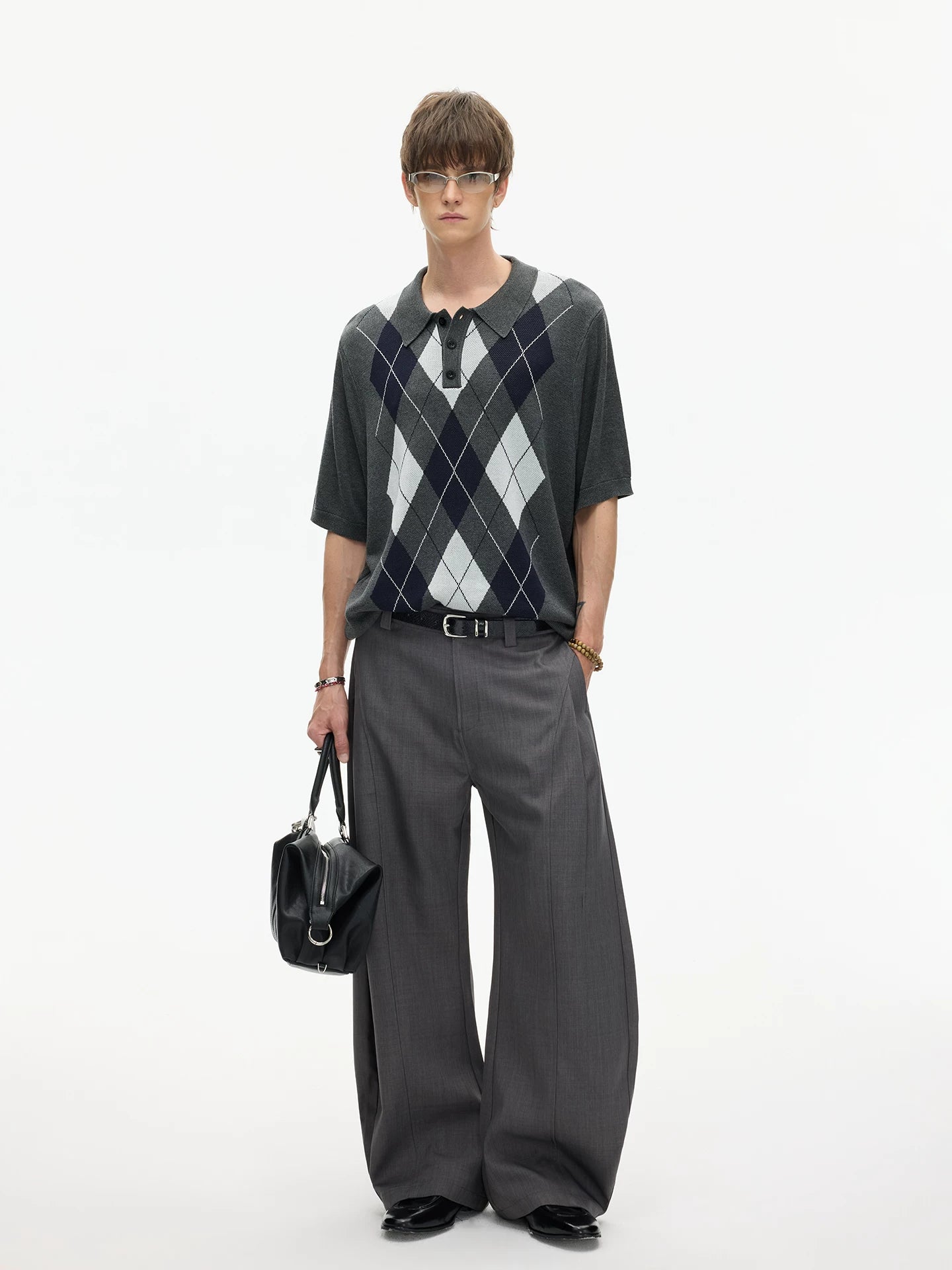 Midnight Argyle Knit Polo Tee