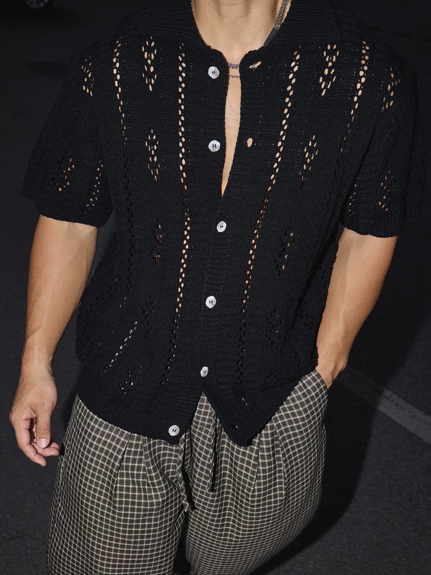 Midnight Pier Open‑Knit Cardigan Shirt