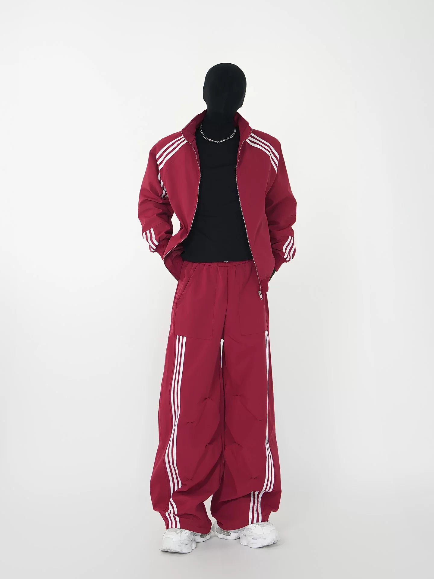 Crimson Velocity Triple‑Stripe Track Jacket and Pants Setup