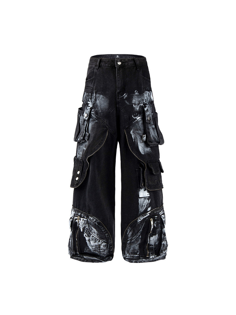 Men's Deconstructed Layered Dirty Washed Wide-Leg Cargo Jeans