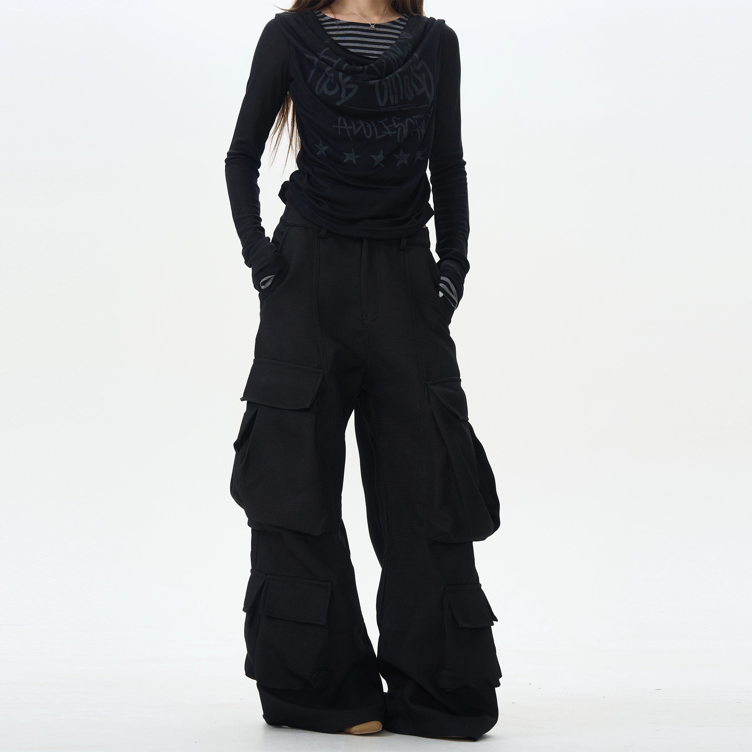 Black Wide Rave Cargo Pants