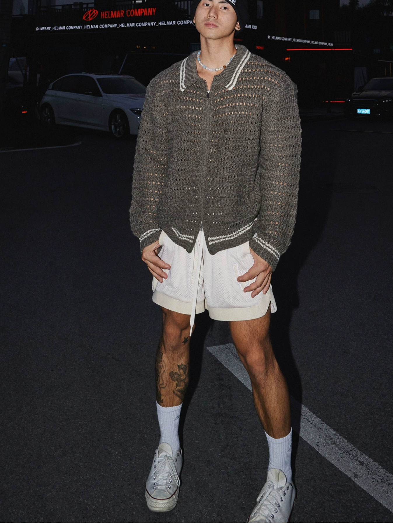 Open-Knit Zip-Up Cardigan with Striped Trim