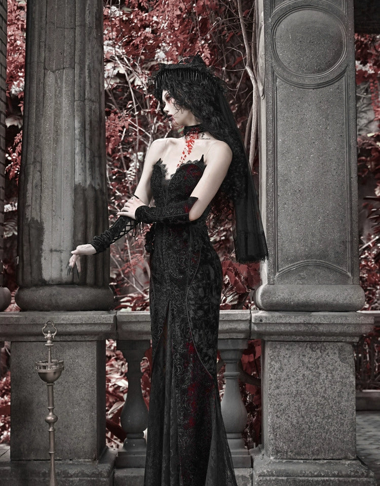Gothic Black and Red Lace Mermaid Gown