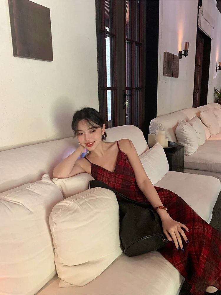 Red Plaid Spaghetti Strap Maxi Dress