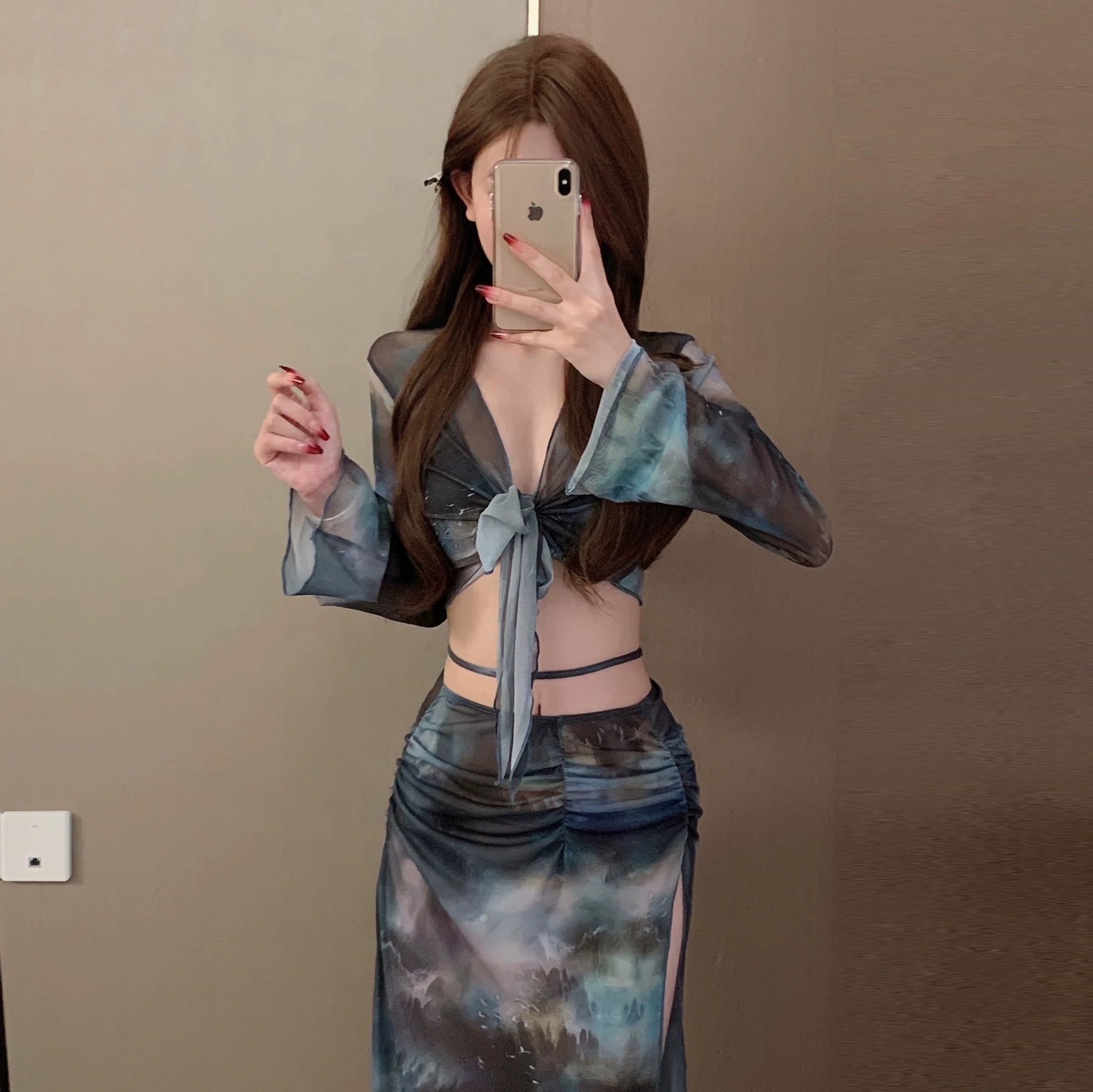 Moonlit Mirage Sheer Tie‑Front Skirted Swim Set
