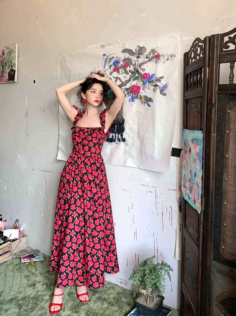 Red Rose Ruffle Slip Maxi Dress