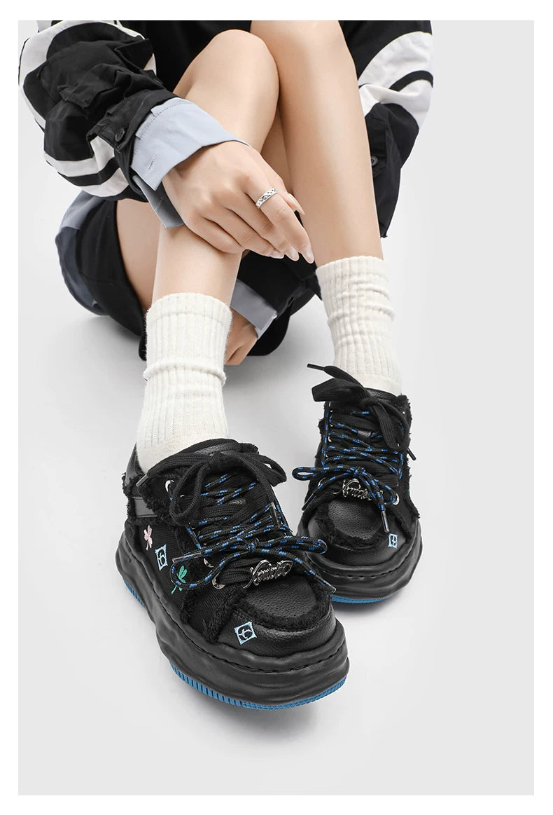 Distressed Embroidered Platform Sneakers