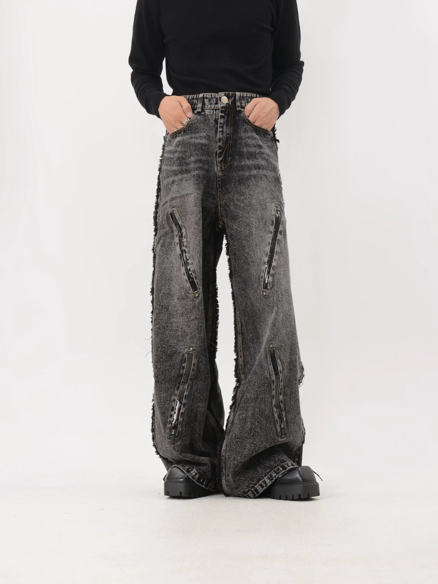 Deconstructed Raw Hem Wide-Leg Jeans