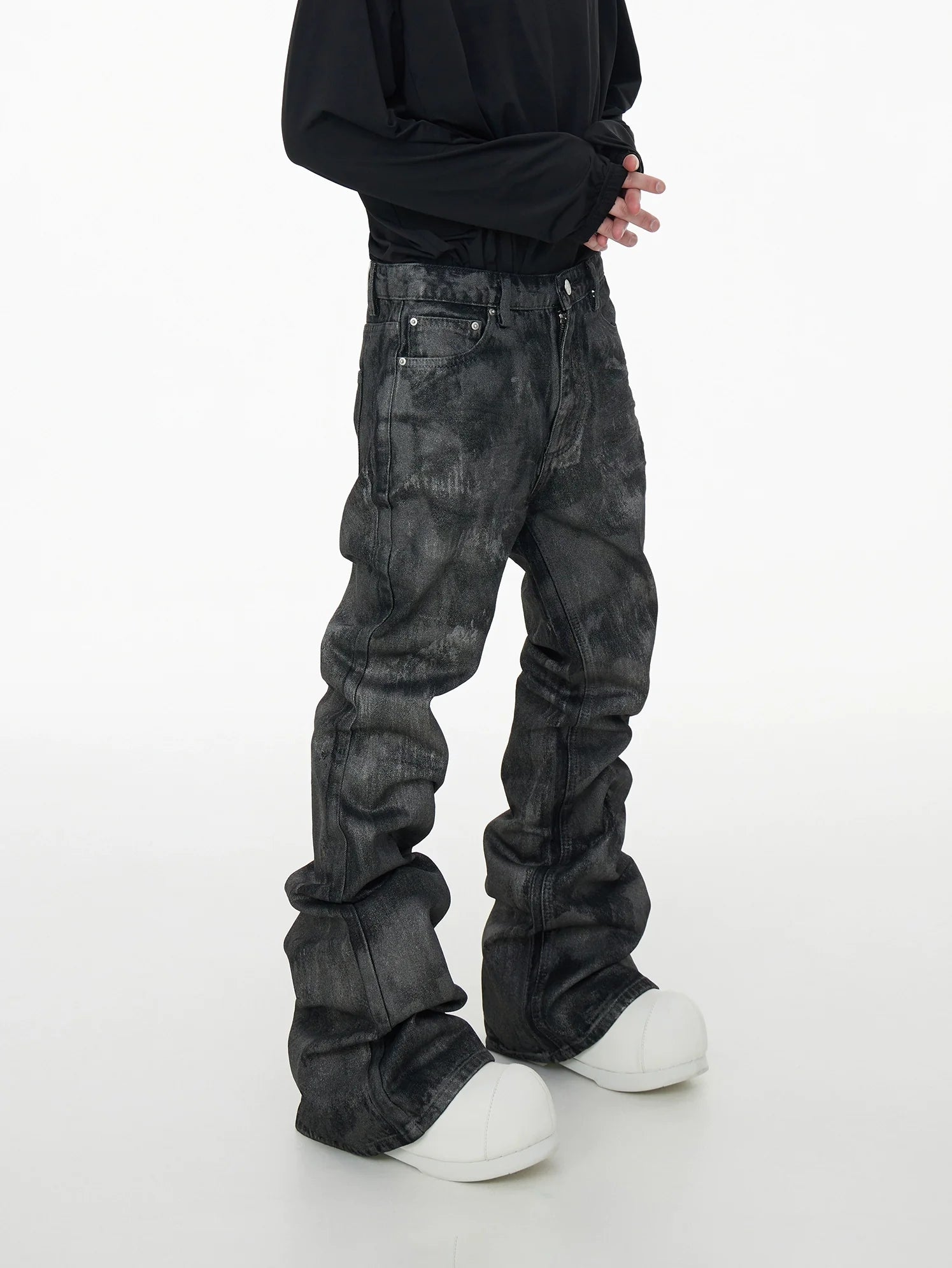 Glitter Coated Acid Wash Black Stacked Jeans