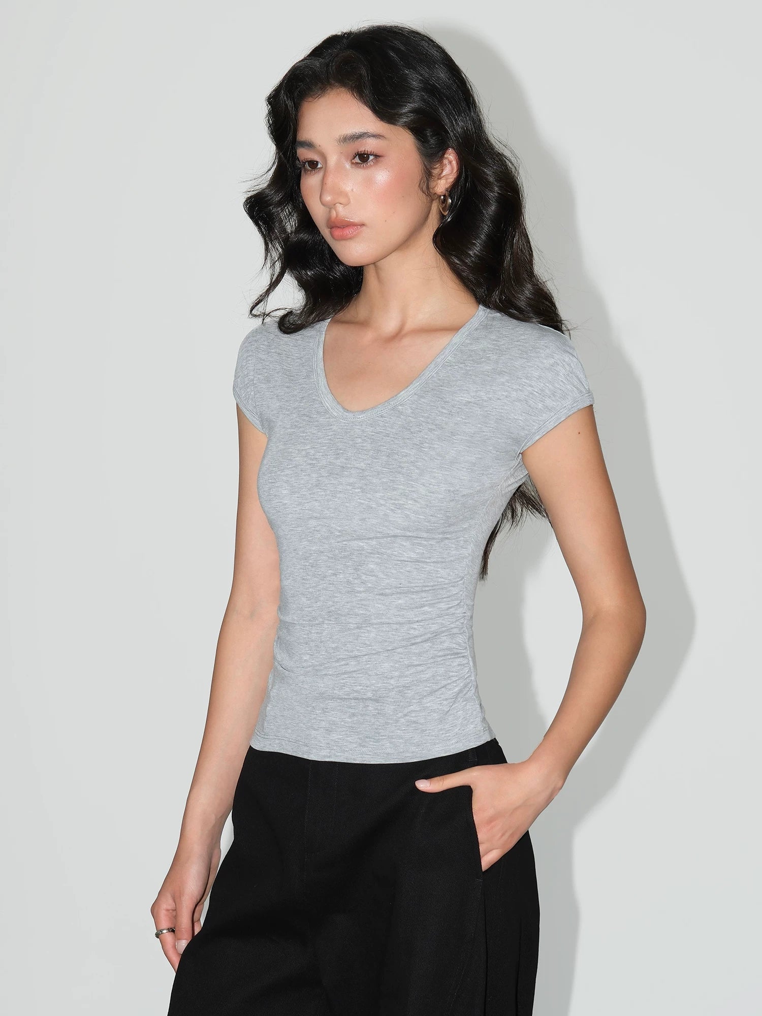 Soft Curve Ruched V‑Neck Tee