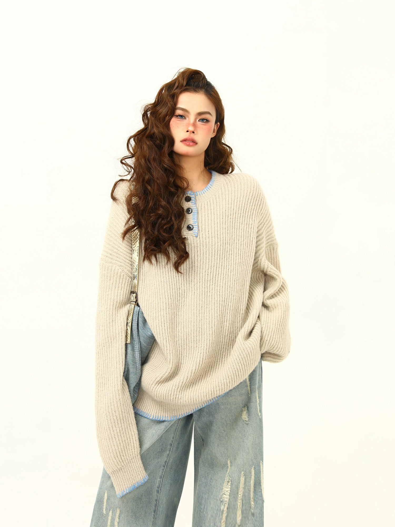 Oversized Cozy Button Trimmed Knit Sweater