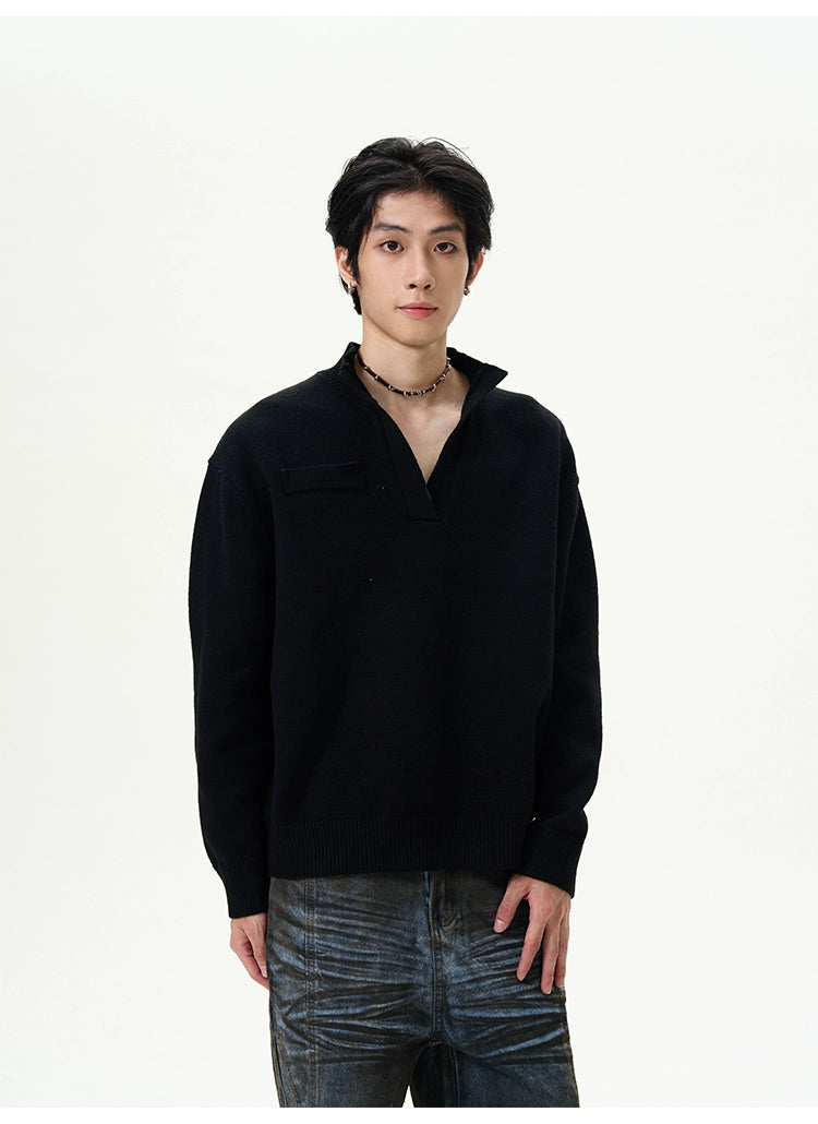 Charcoal Half-Placket Knit Sweater