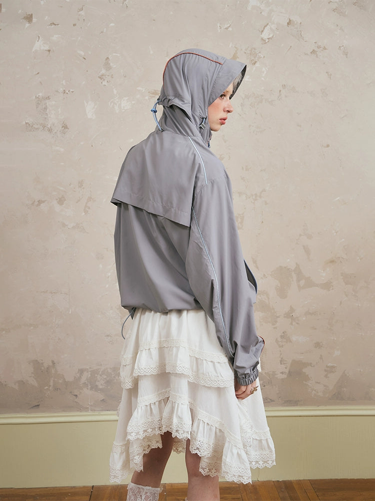 Sporty Hooded Jacket & Tiered Lace Midi Skirt Set