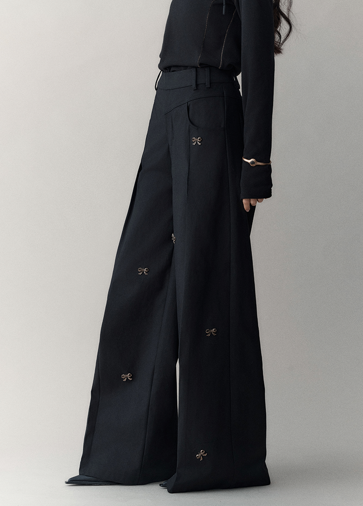 Embroidered Embellished Wide-Leg Trousers