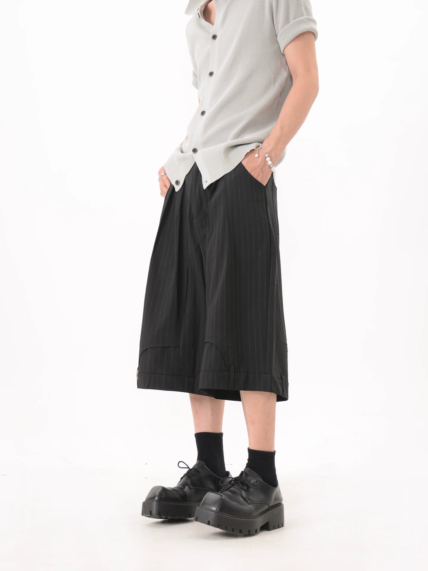 Pinstripe Pleated Wide Leg Culotte Pants