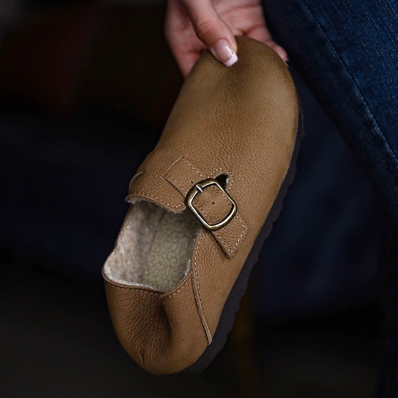 Brown Buckle Leather Slip-Ons