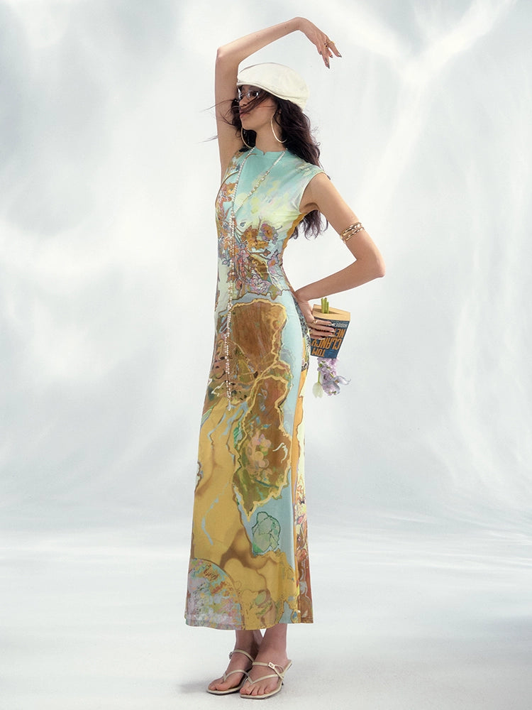 Mint Watercolor Oriental Bodycon Dress