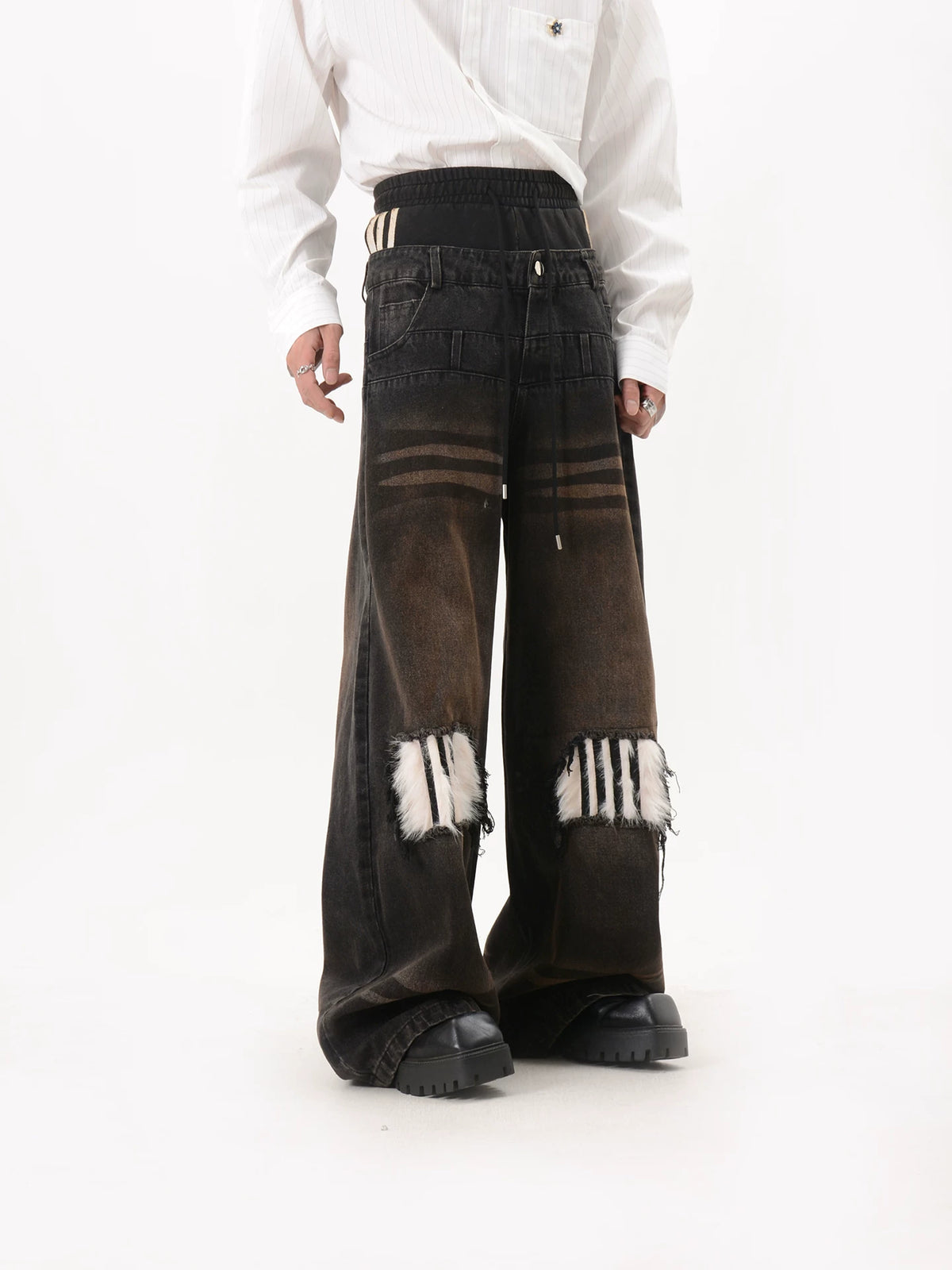 Faux Fur Patch Wide Leg Jeans