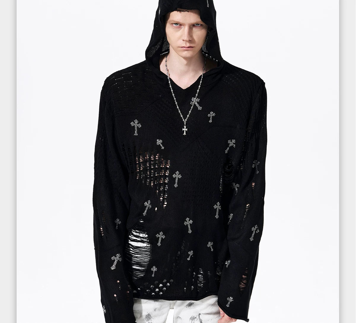 Fallen Cross Shred Knit Hoodie
