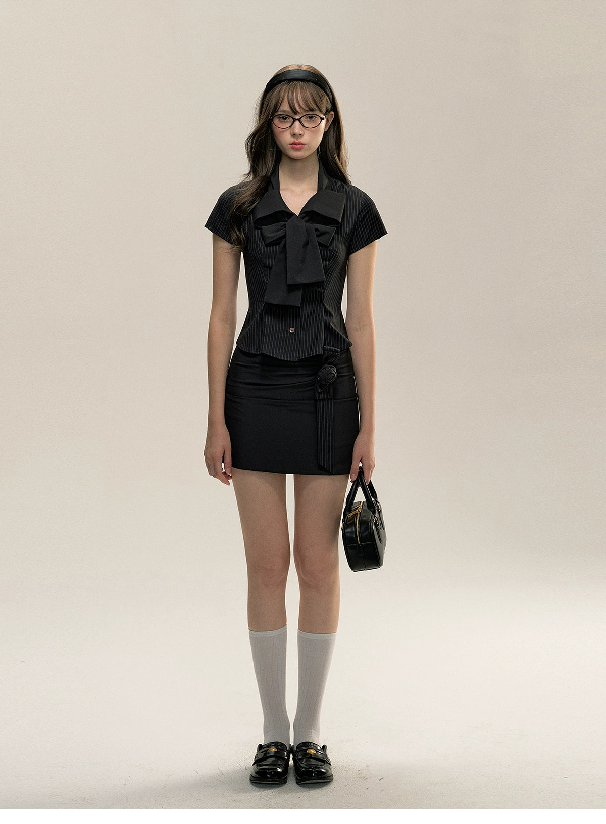 Black Pinstripe Bow Office Two Piece Set