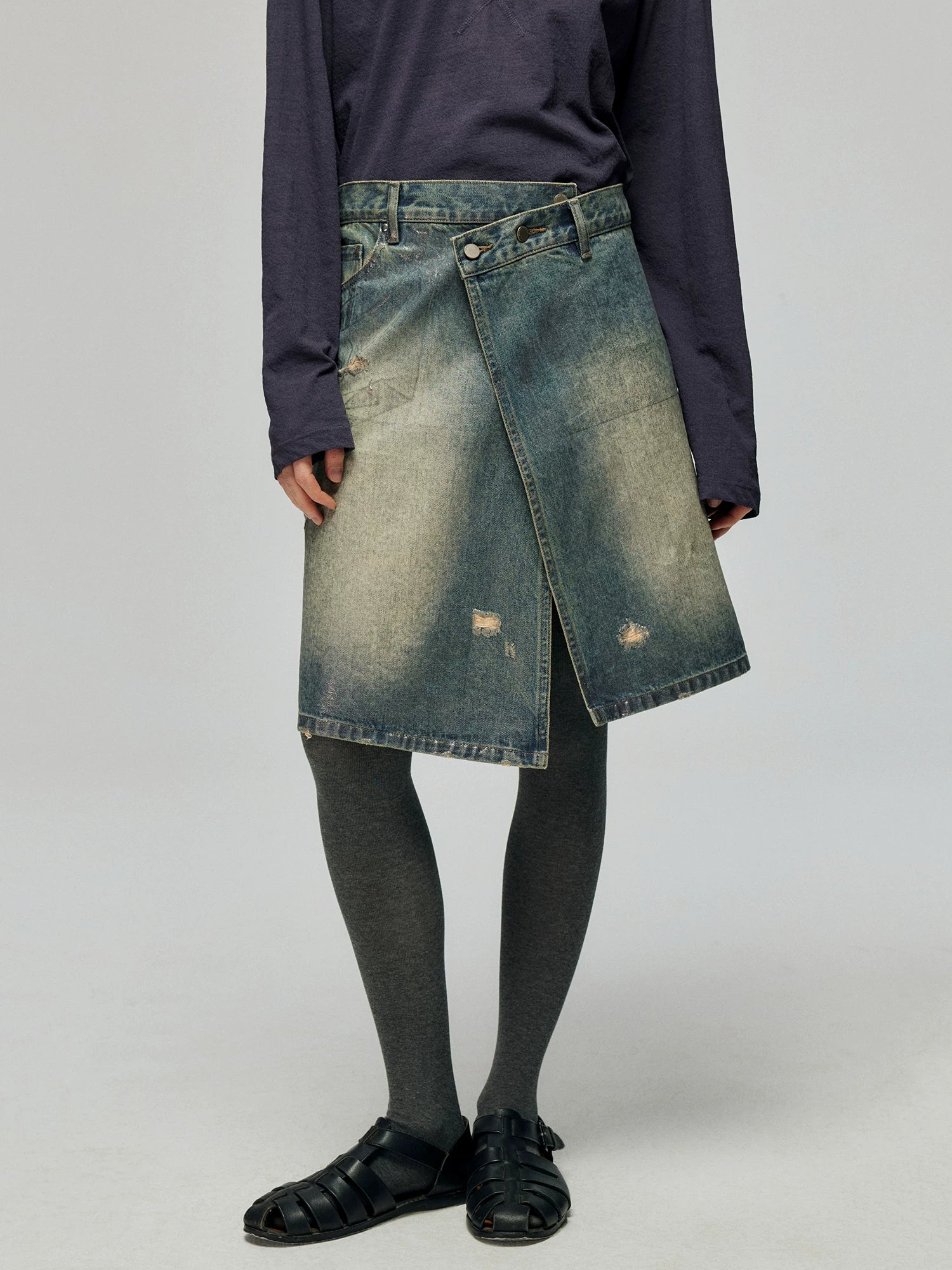 Distressed Denim Wrap Midi Skirt