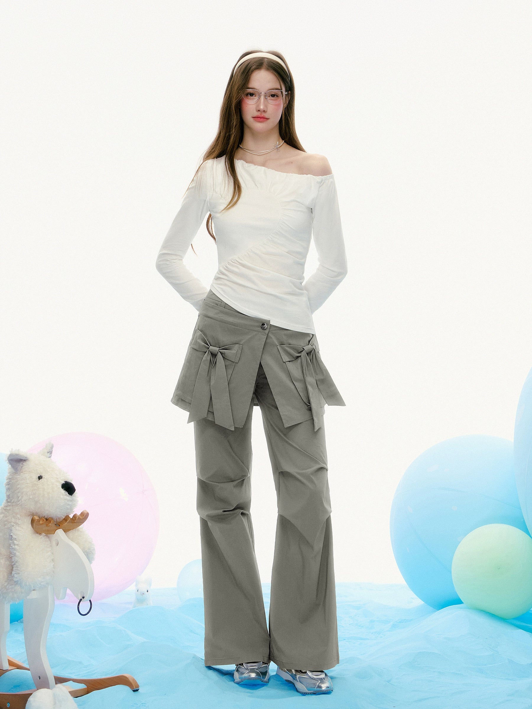 White Asymmetrical Long Sleeve Top with Diagonal Seam Detail