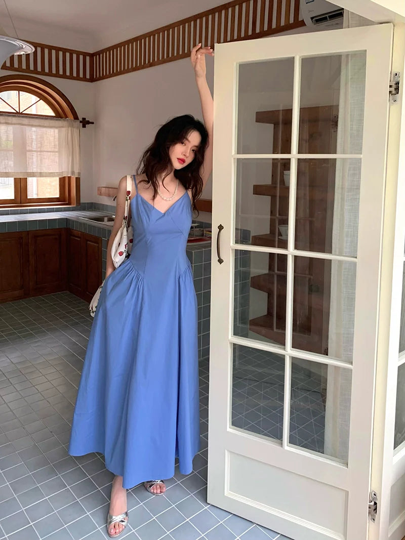 Summer Pleated Satin Maxi Dress