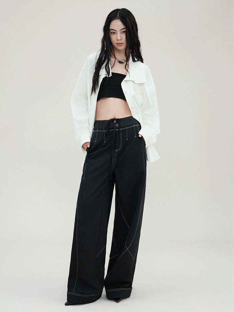 Black Contrast Stitch Wide Leg Pants