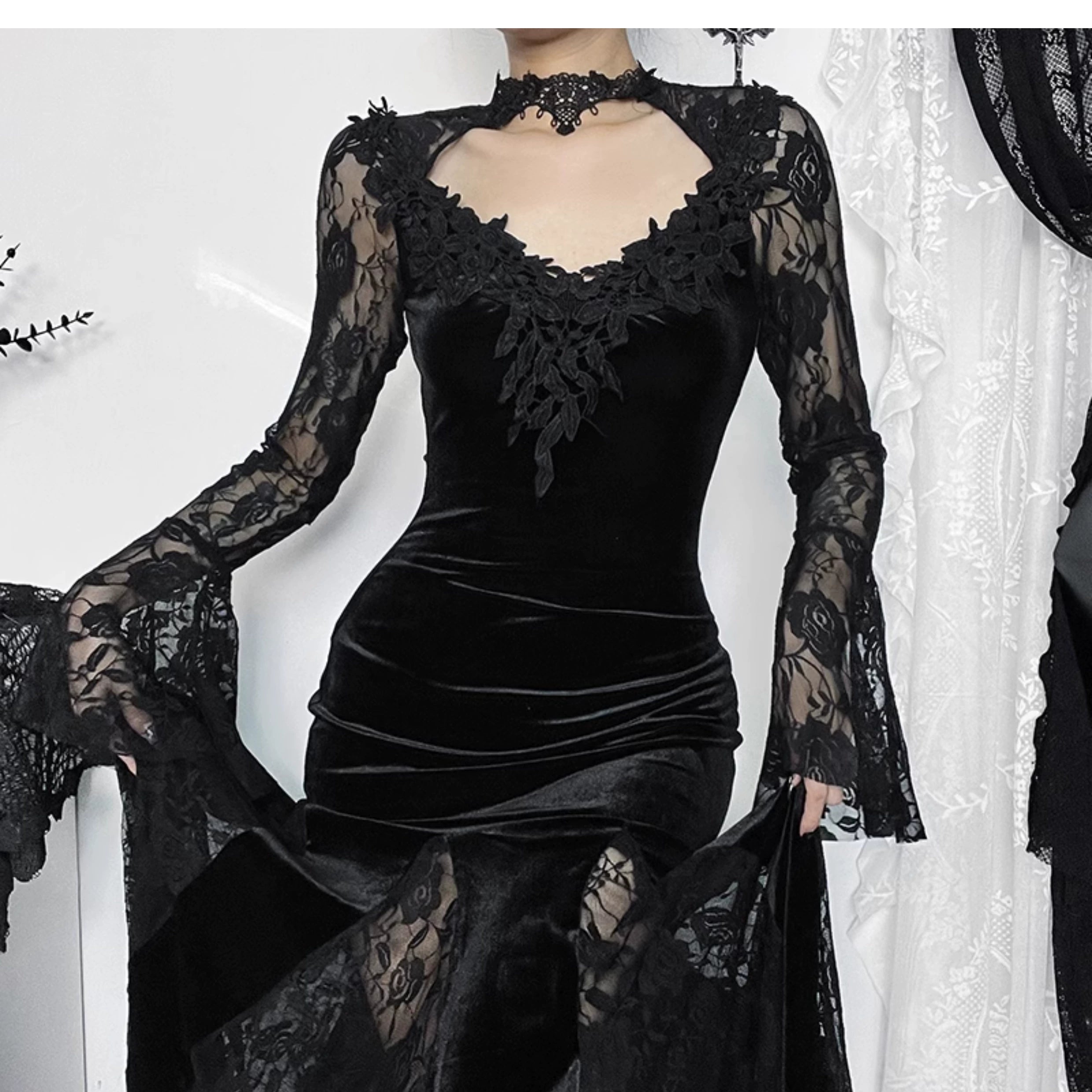 Robe sirène en velours gothique wannathis - robe de plancher en dentelle à manches longues avec collier élevé