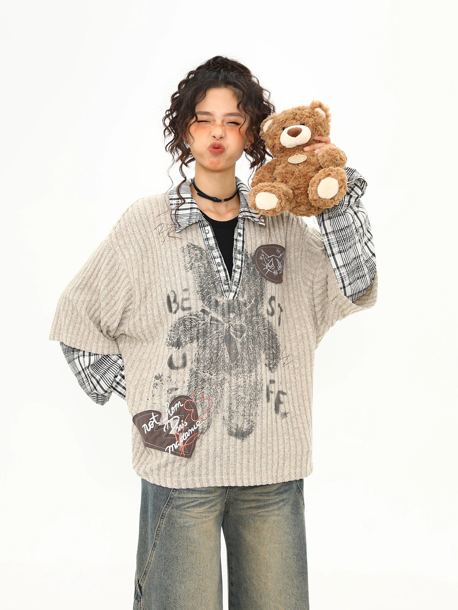 Teddy Graffiti Layered Knit Top