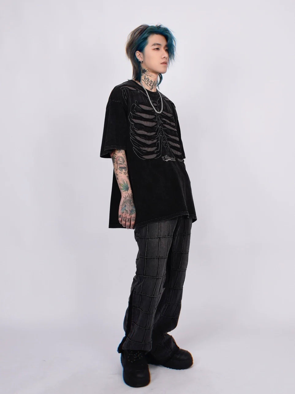 Skeleton Rippcage Mesh Cutout übergroßes T-Shirt