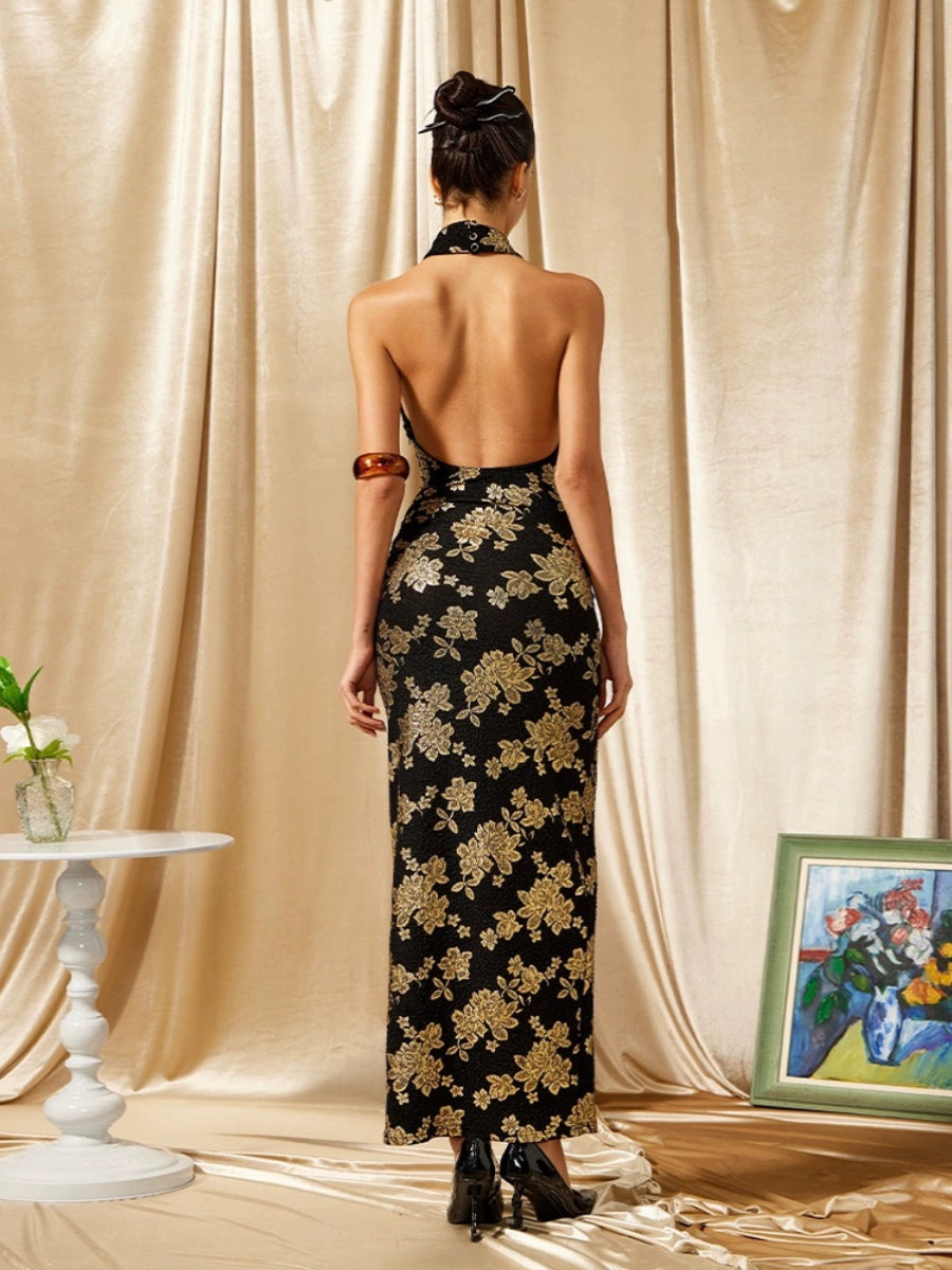 Modern Cheongsam With Gold Print Halter Evening Dress - chiclara