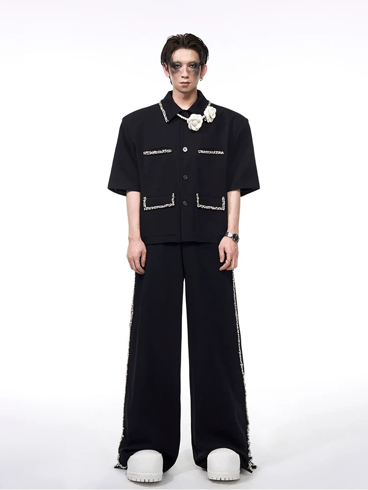 Rose Trim Tweed Shirt & Pants Setup