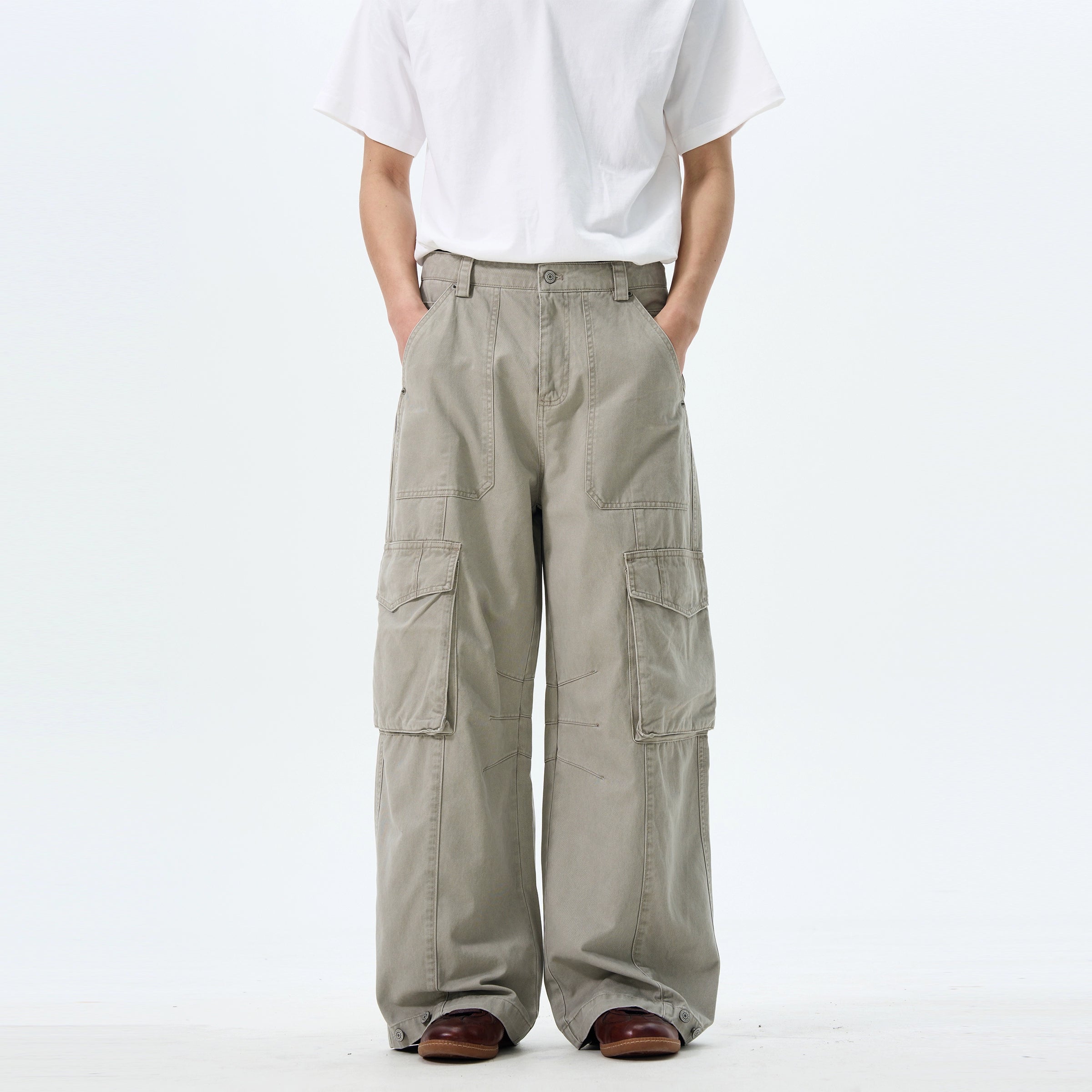 Wide Leg Cargo Pants in  Beige & Black
