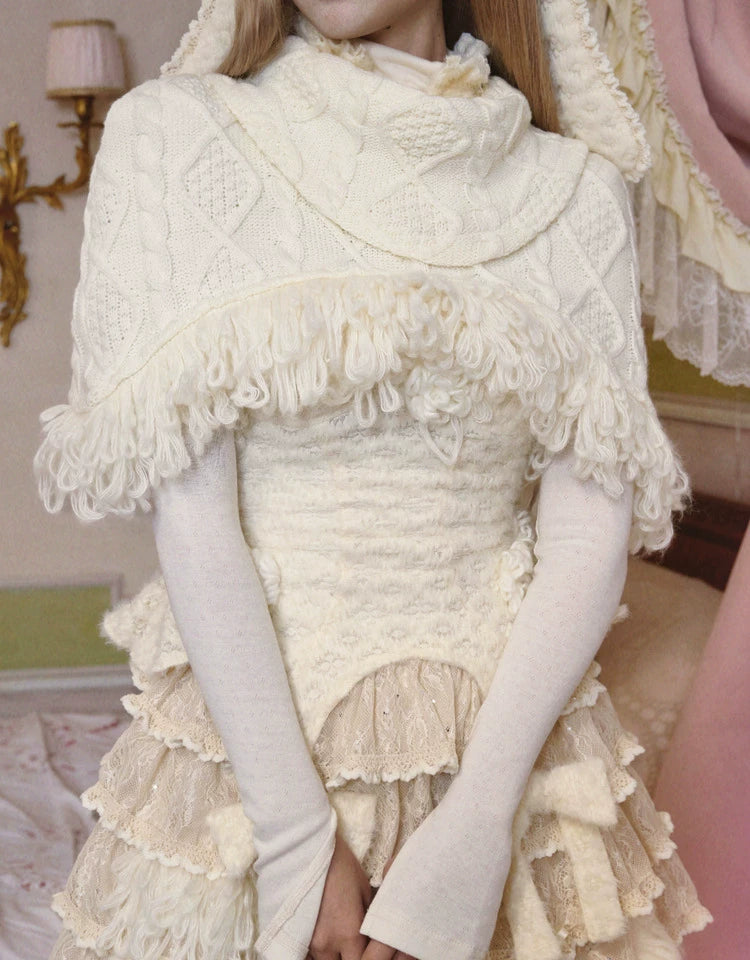 Ivory Fringe Cable Knit Shrug