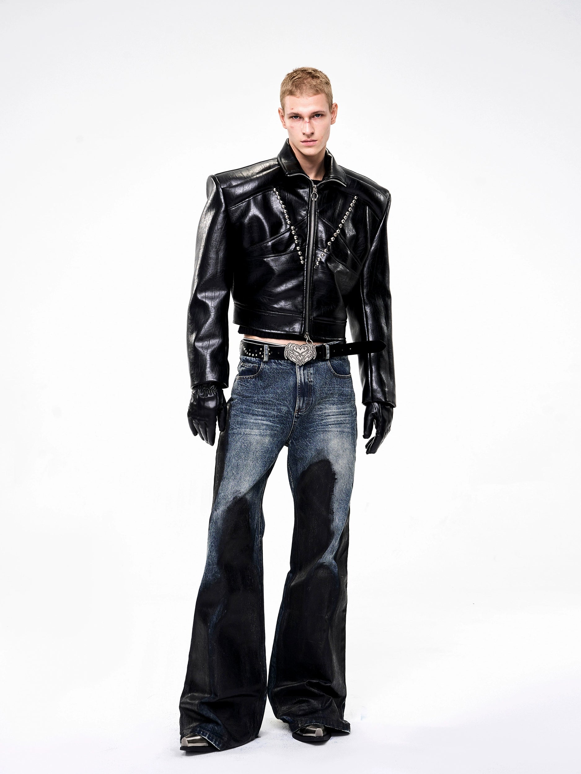Black Faux Leather Cropped Jacket with Stud Embellishments