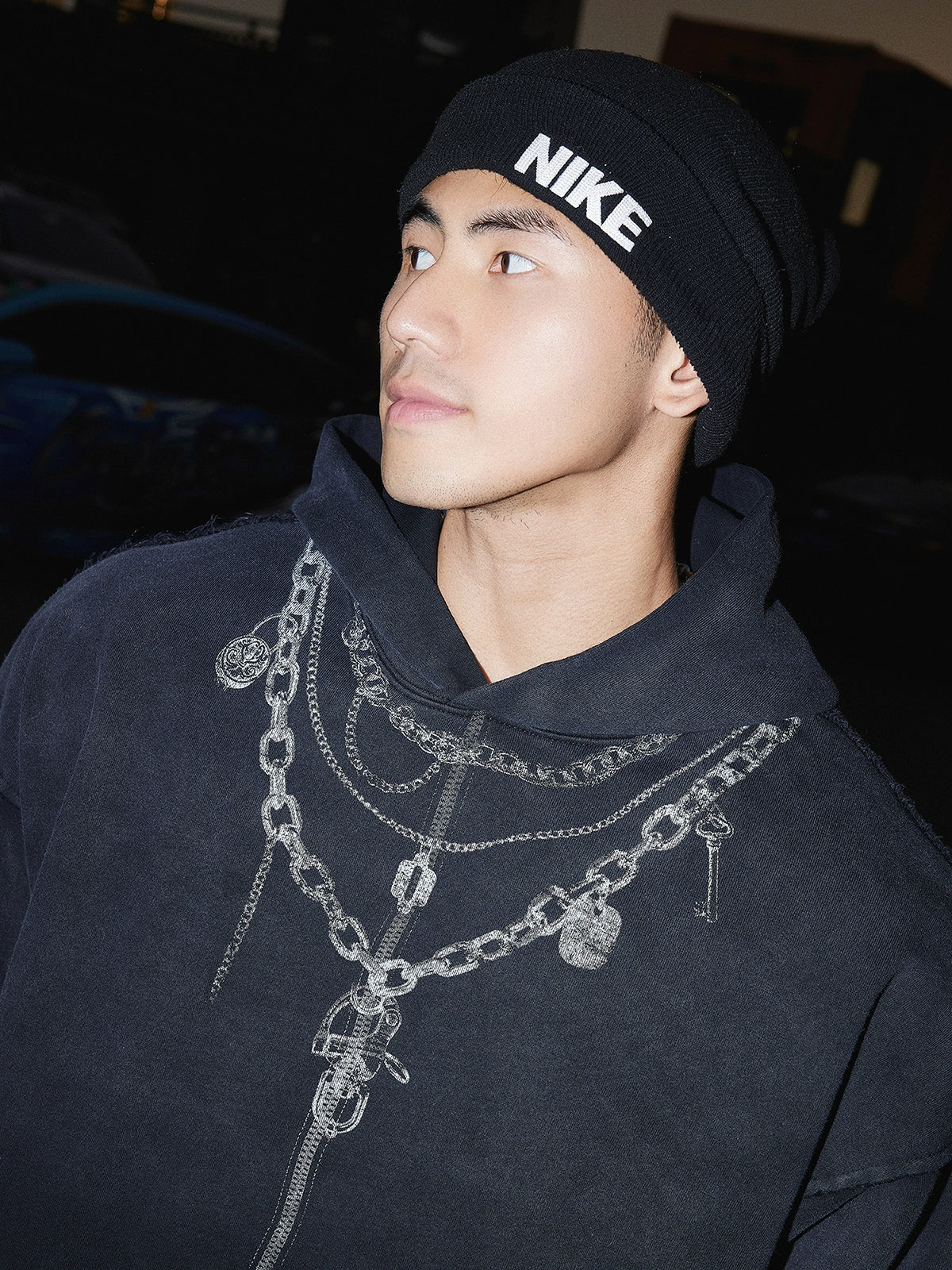Oversized Faded Hoodie with Chain Print