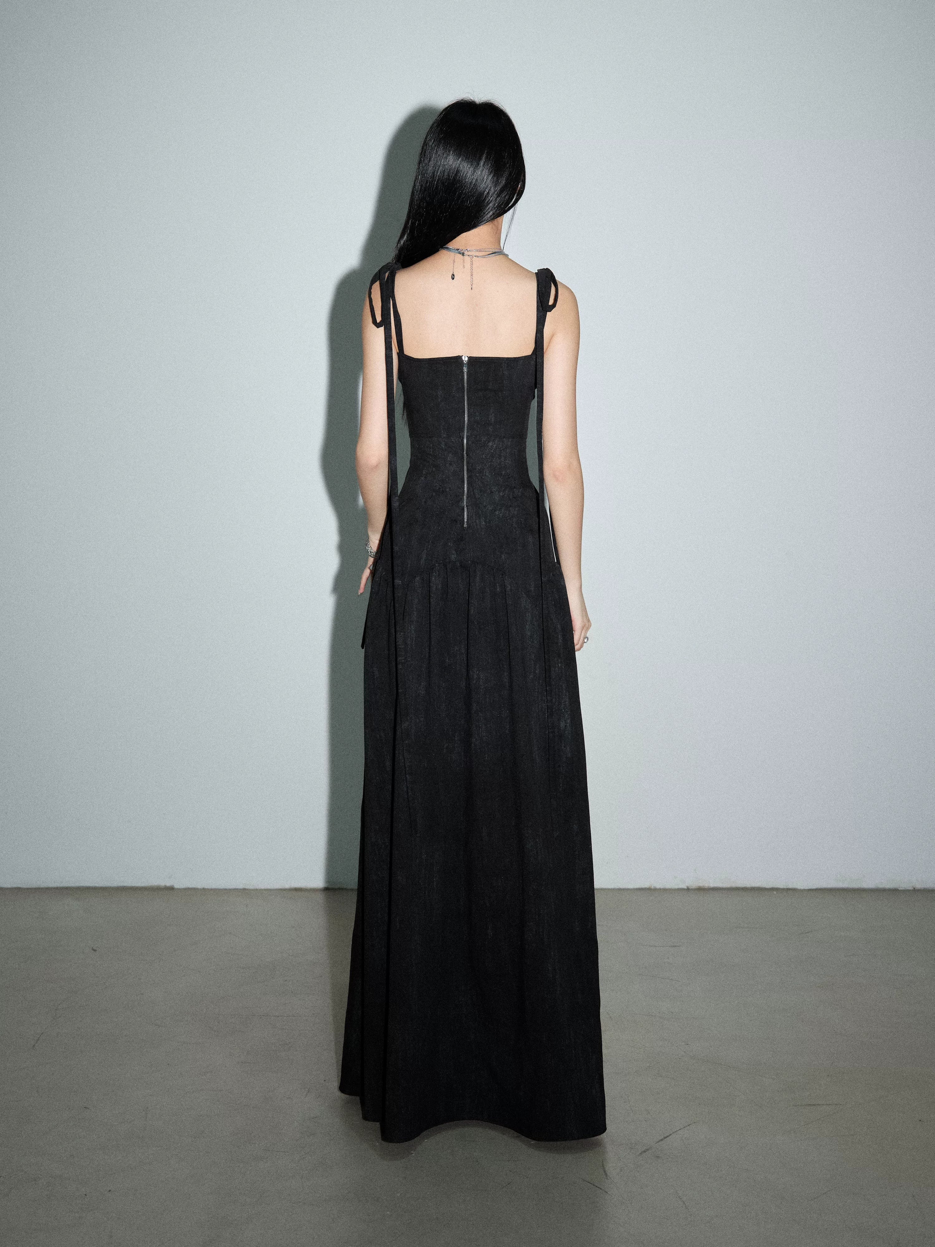 Black Ribbon-Strap Corset Maxi Dress