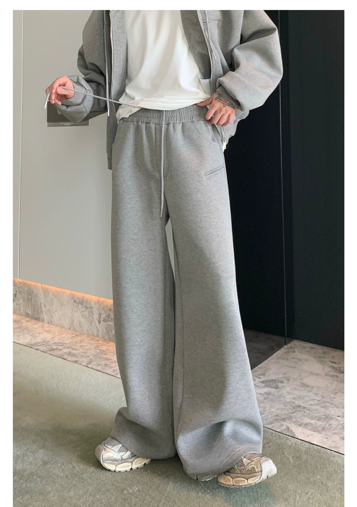 Shoulder-Padded Hoodie Jacket with Straight-Leg Pants Two-Piece Set