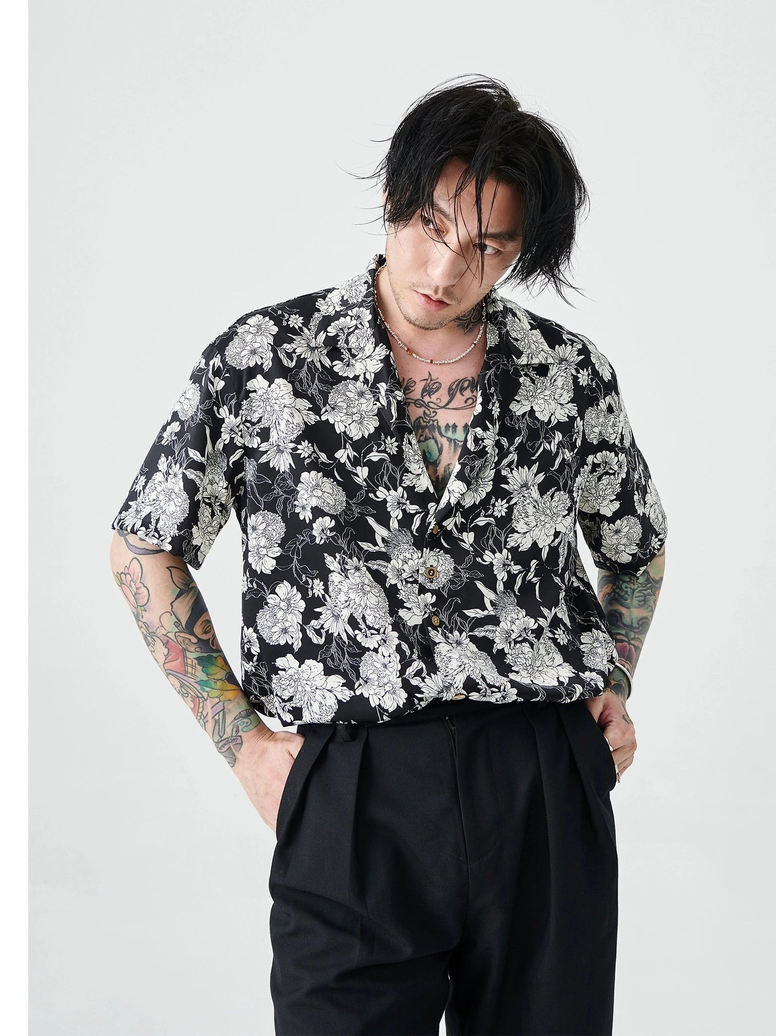 Black Floral Print Hawaiian Summer Shirt
