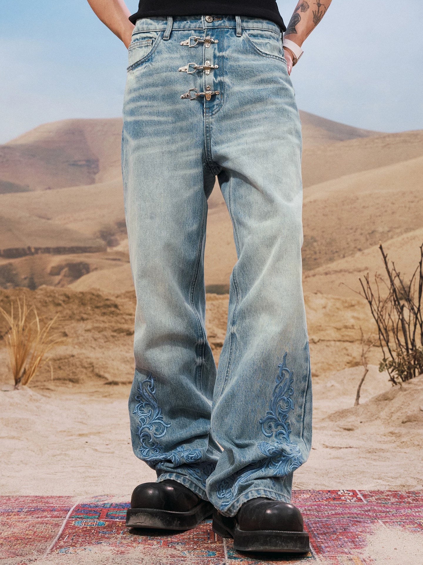Embroidered Buckle Detail Wide Leg Jeans