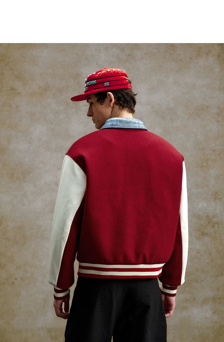 Denim Panel Embroidered Varsity Bomber Jacket