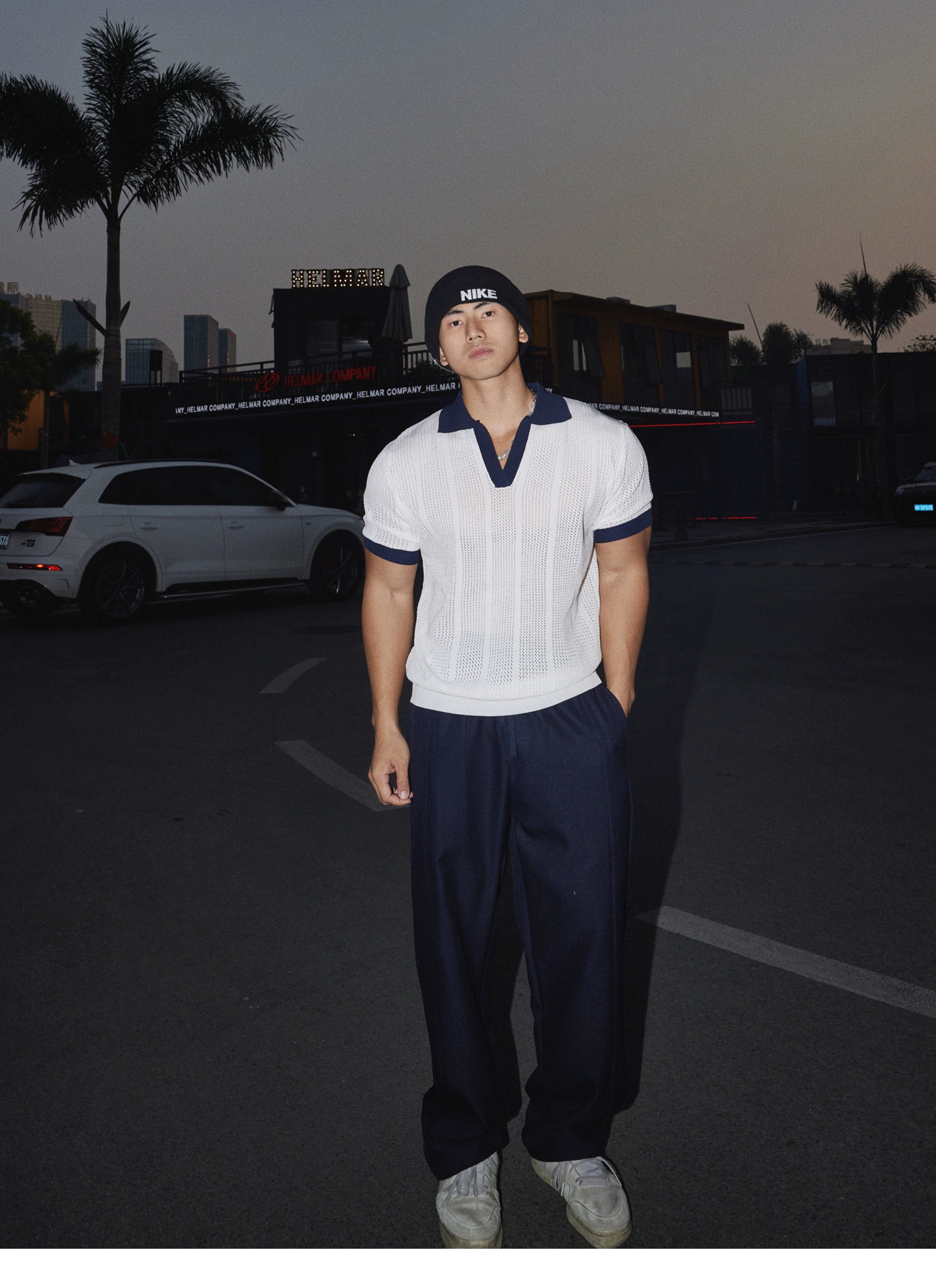 Contrast Collar Mesh Knit Polo Shirt