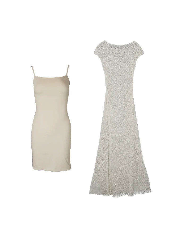 Ivory Short Sleeve Lace Maxi Dress and Suspender Set