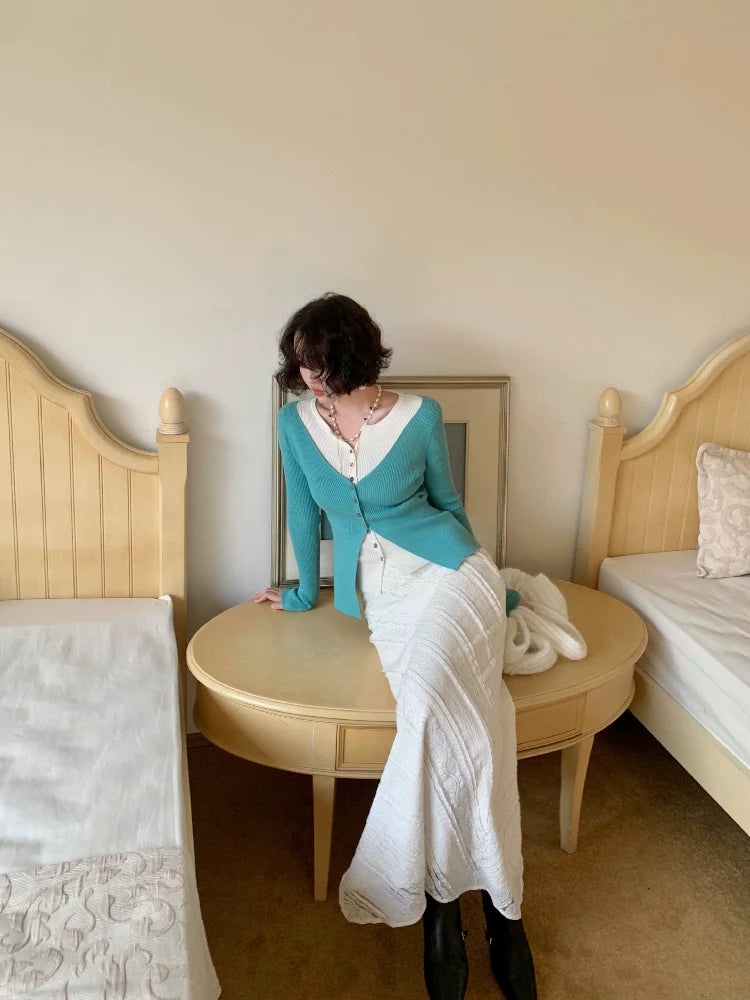 White Diagonal Lace Maxi Skirt