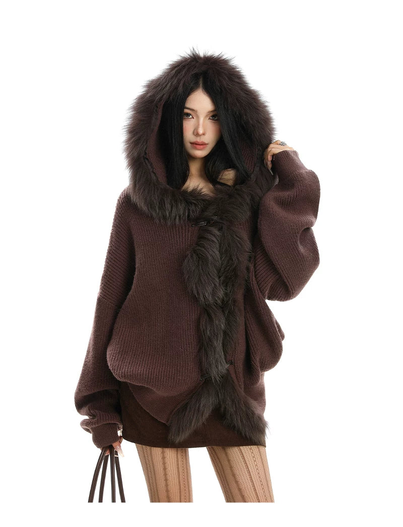 Shadow Luxe Fur-Trim Hooded Knit Cardigan